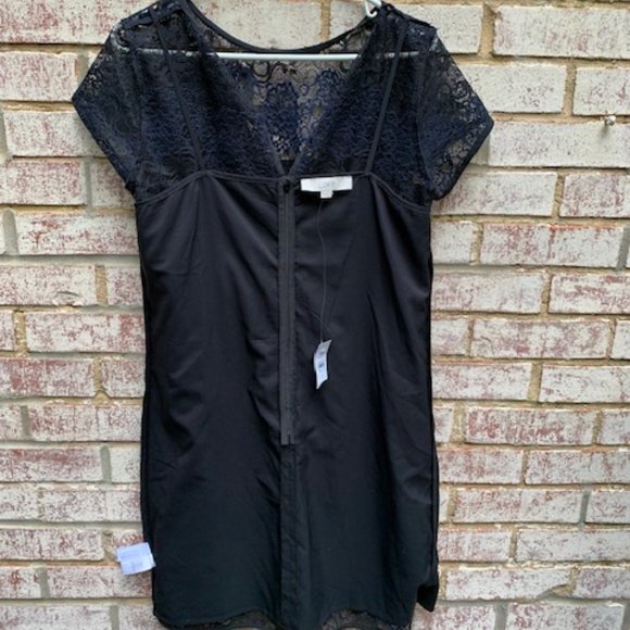 Ann Taylor Loft Black Navy Blue Striped Lace Sheer Shift Dress Sz 8 -NWT - Picture 11 of 14